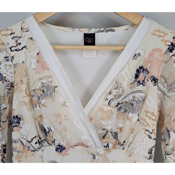 Wrapper Y2K Sheer Mesh Layered V Neck Bell Sleeve White Cream Floral Dragon Top - Picture 2 of 11